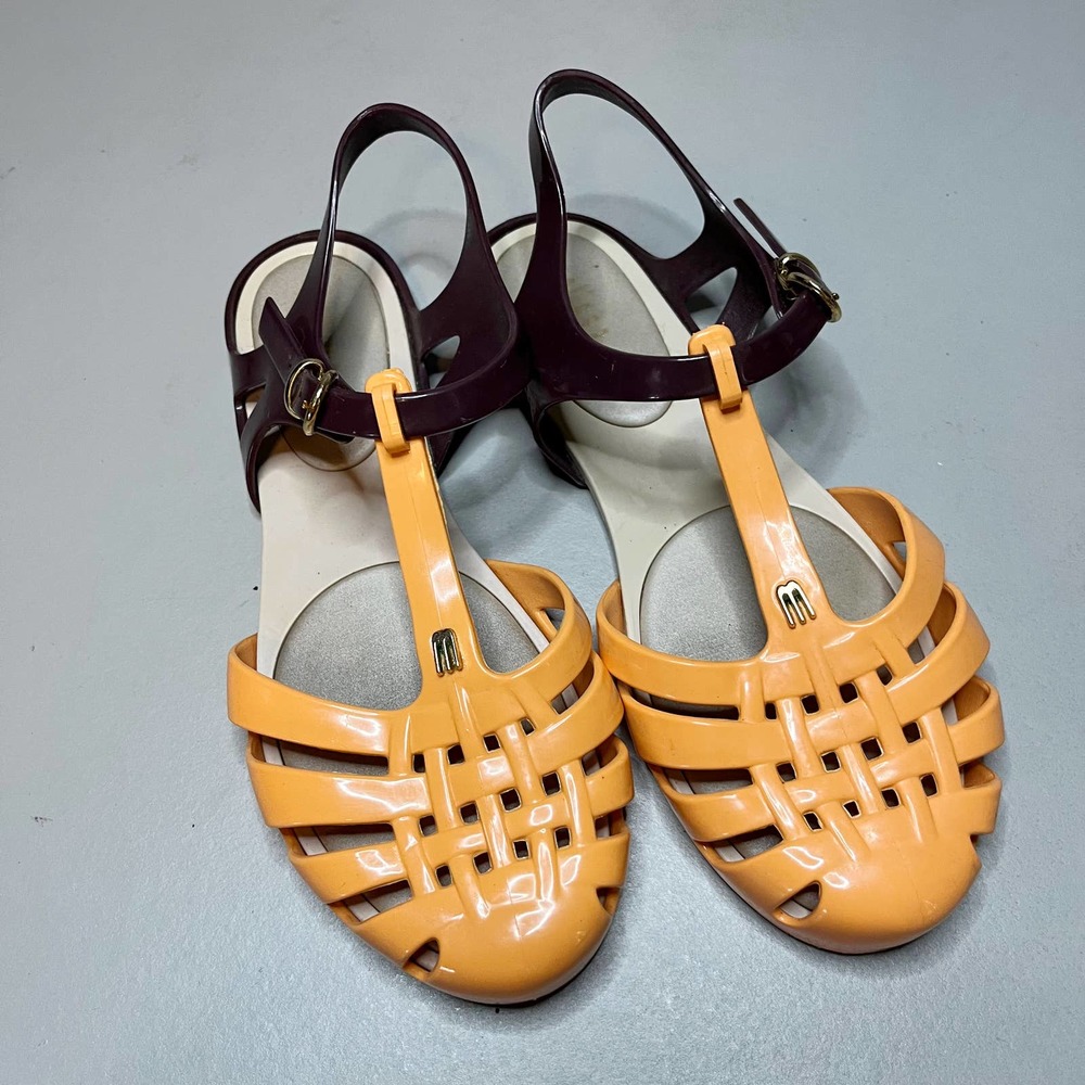 Melissa Jelly Sandals Women's Size 5 Orange Purple T Strap Woven Rubber